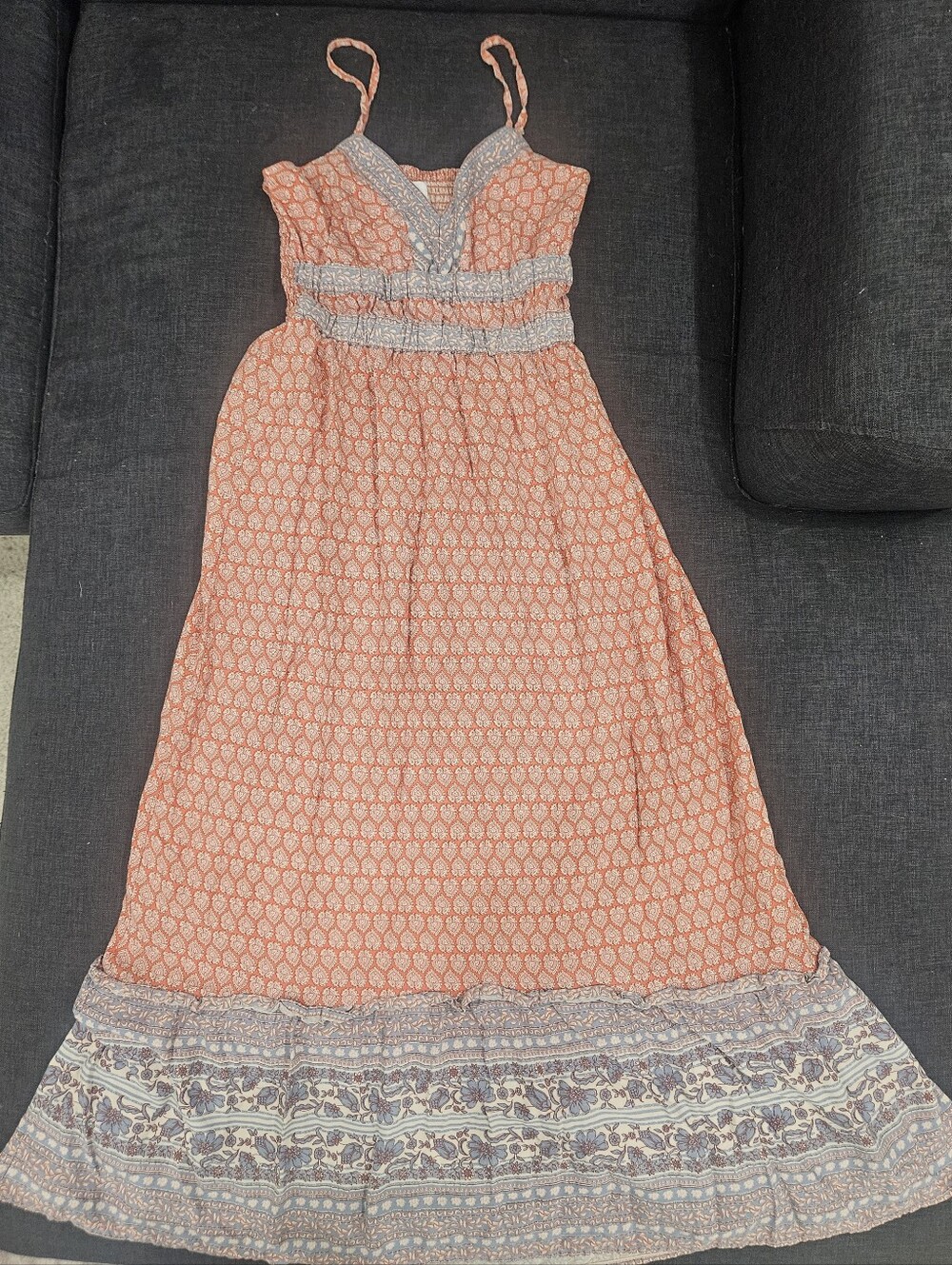 "Japna Boho Orange Blue Floral Rayon Tiered Maxi Sundress Size S"